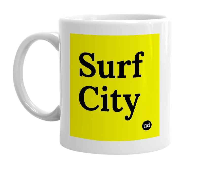 White mug with 'Surf City' in bold black letters