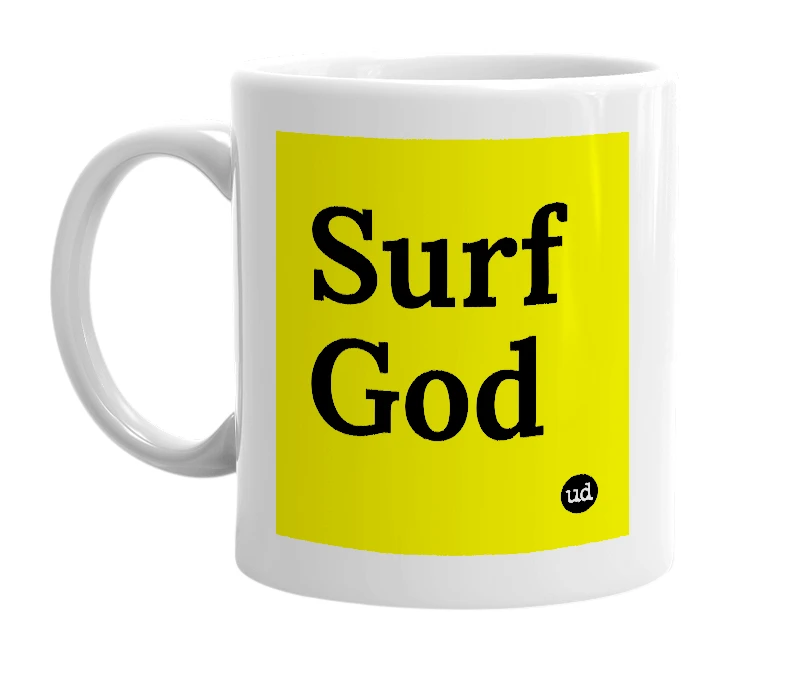 White mug with 'Surf God' in bold black letters