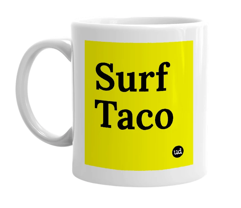 White mug with 'Surf Taco' in bold black letters