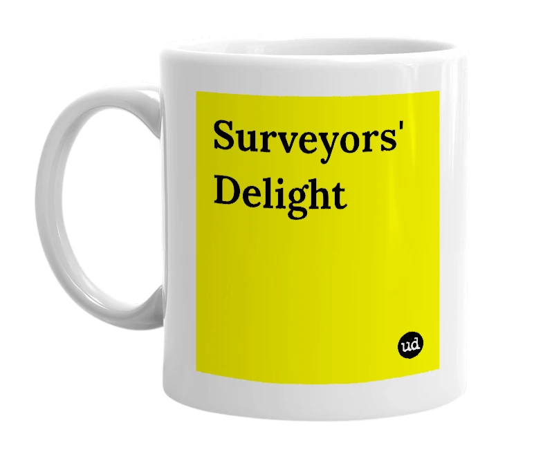 White mug with 'Surveyors' Delight' in bold black letters