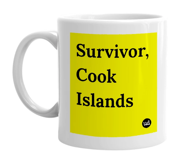 White mug with 'Survivor, Cook Islands' in bold black letters
