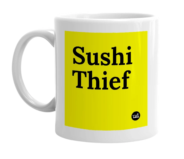 White mug with 'Sushi Thief' in bold black letters