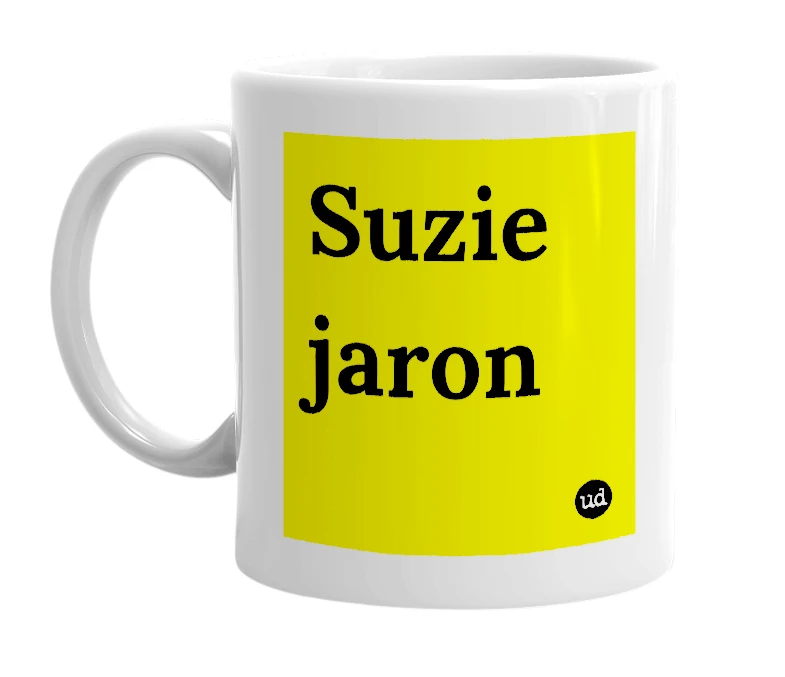 White mug with 'Suzie jaron' in bold black letters