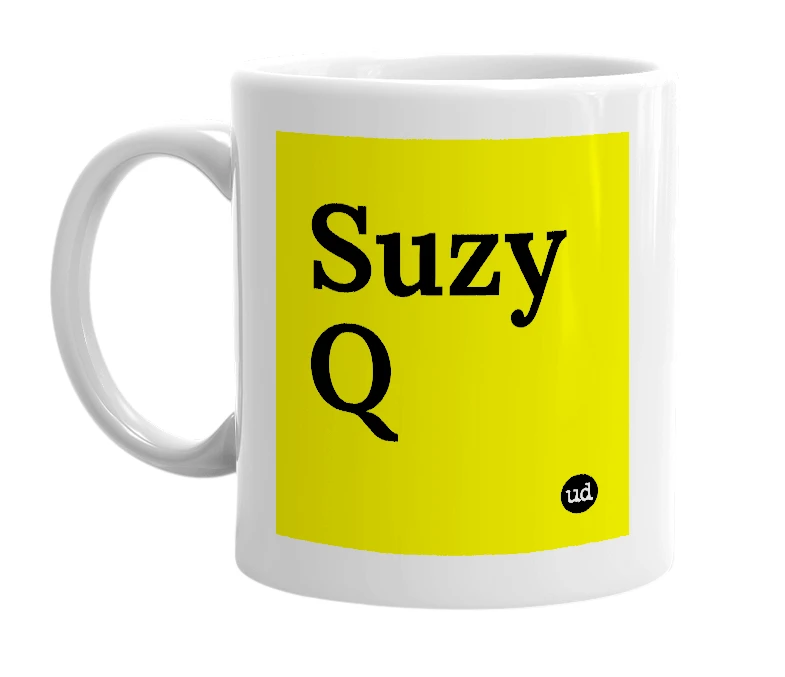 White mug with 'Suzy Q' in bold black letters