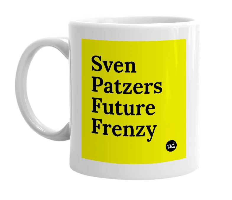 White mug with 'Sven Patzers Future Frenzy' in bold black letters