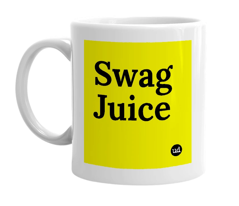 White mug with 'Swag Juice' in bold black letters