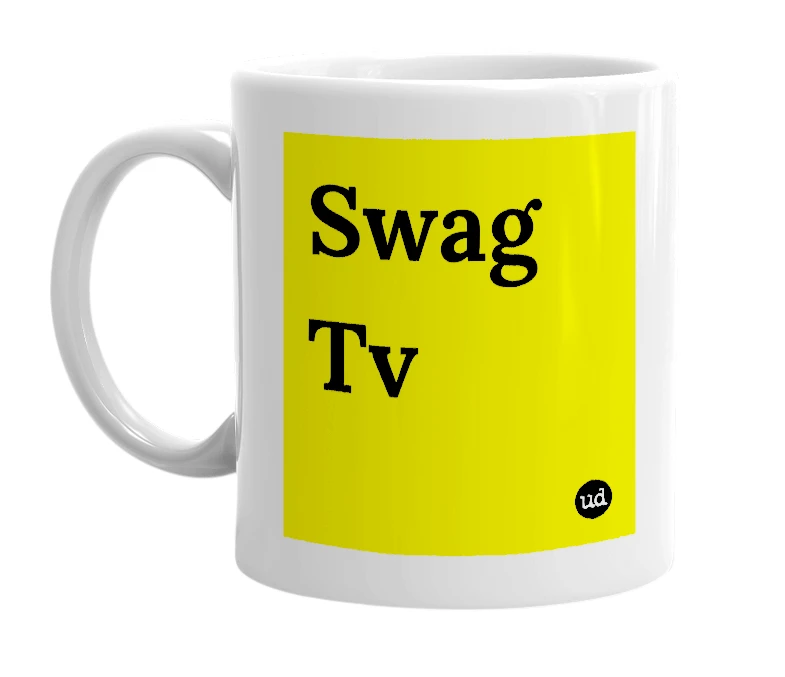White mug with 'Swag Tv' in bold black letters