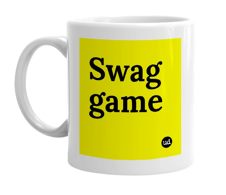 White mug with 'Swag game' in bold black letters