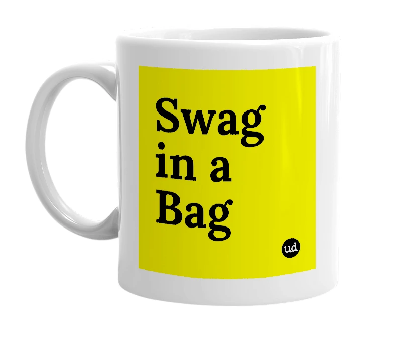 White mug with 'Swag in a Bag' in bold black letters