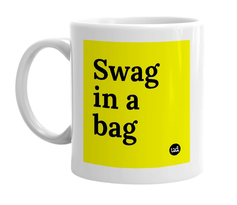 White mug with 'Swag in a bag' in bold black letters