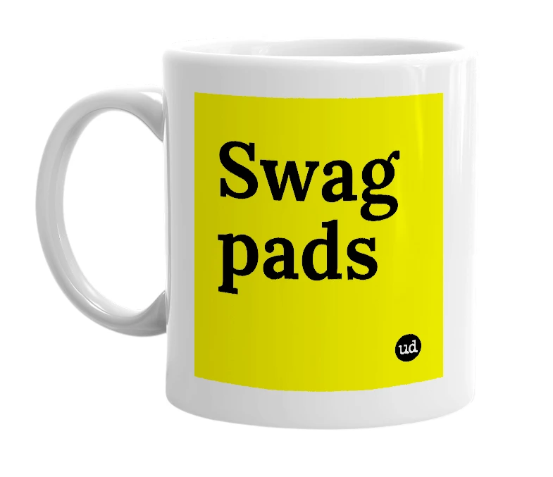 White mug with 'Swag pads' in bold black letters