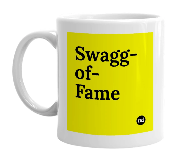 White mug with 'Swagg-of-Fame' in bold black letters