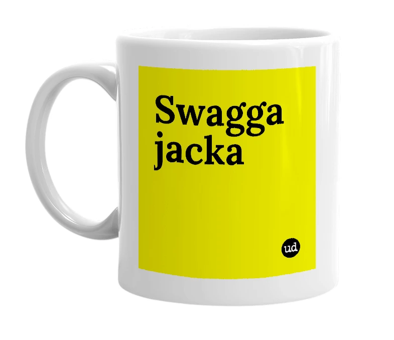 White mug with 'Swagga jacka' in bold black letters