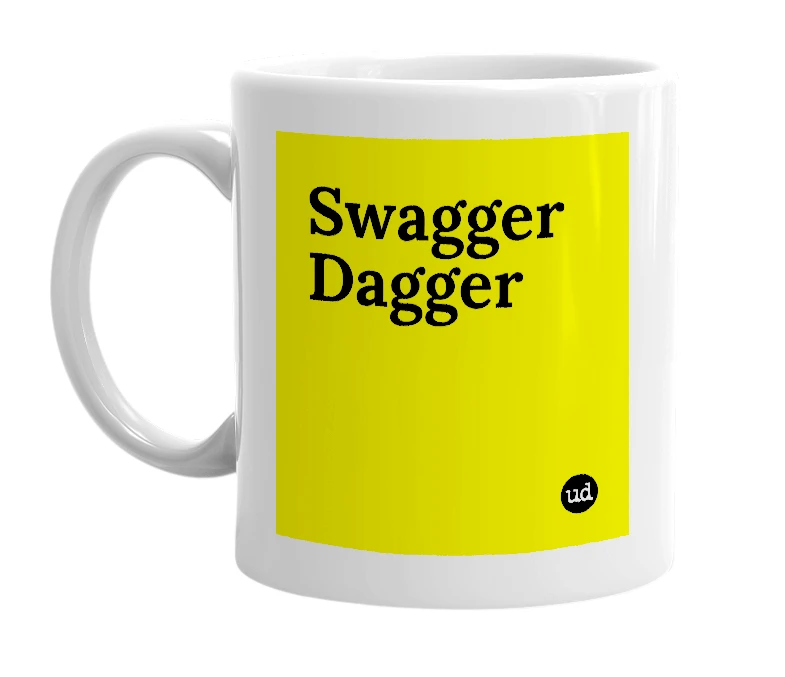 White mug with 'Swagger Dagger' in bold black letters