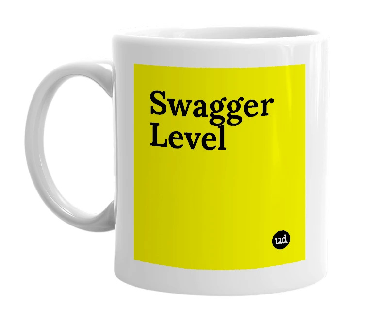 White mug with 'Swagger Level' in bold black letters