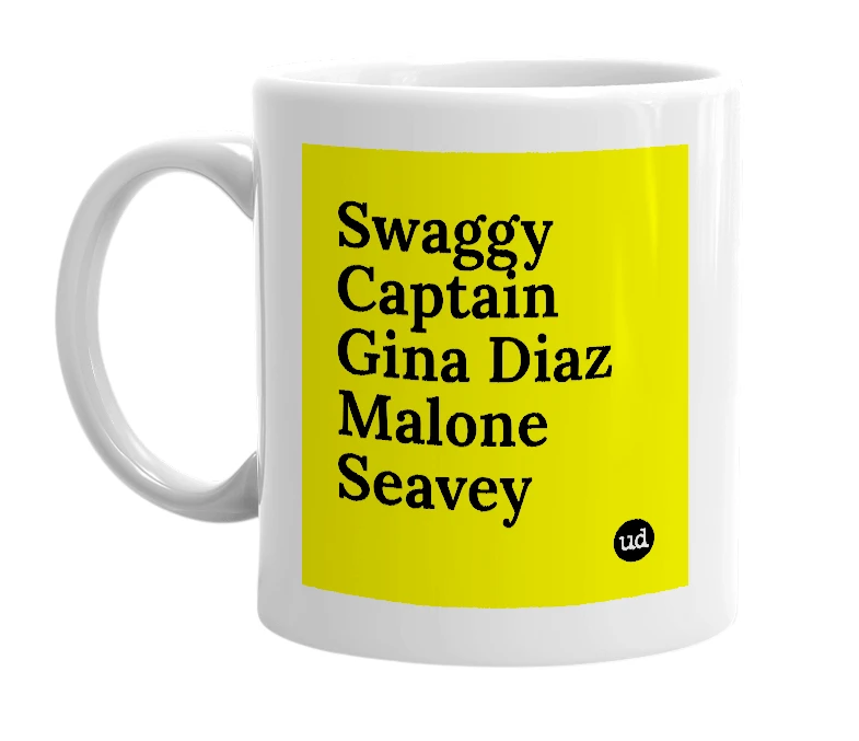 White mug with 'Swaggy Captain Gina Diaz Malone Seavey' in bold black letters