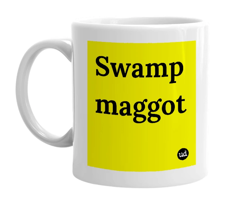 White mug with 'Swamp maggot' in bold black letters