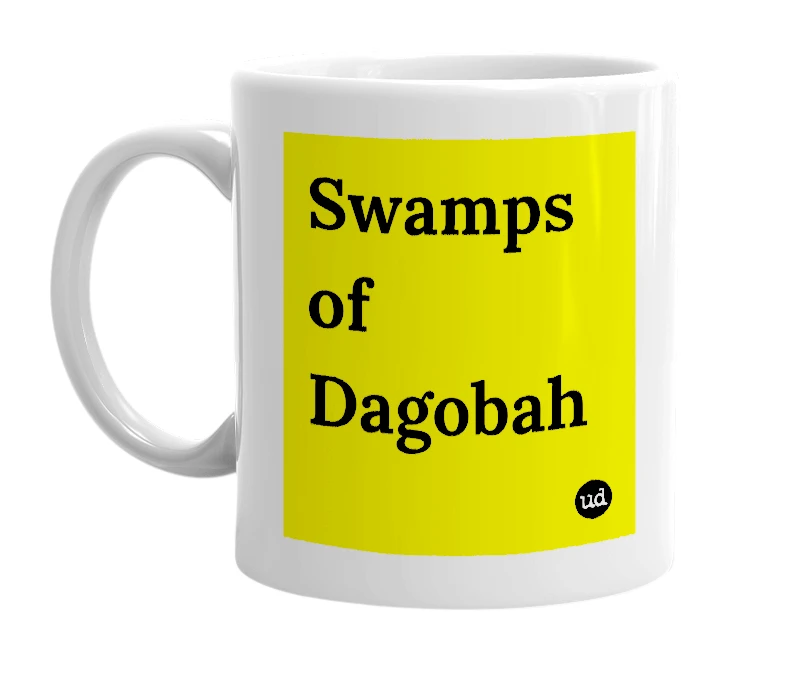 White mug with 'Swamps of Dagobah' in bold black letters