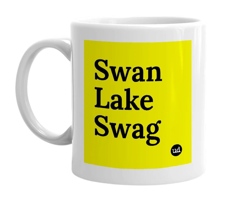 White mug with 'Swan Lake Swag' in bold black letters