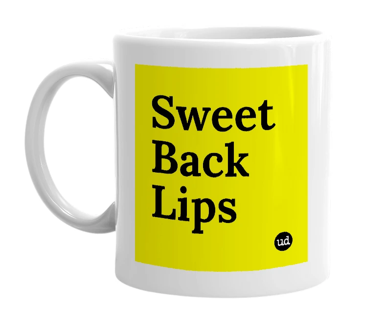 White mug with 'Sweet Back Lips' in bold black letters