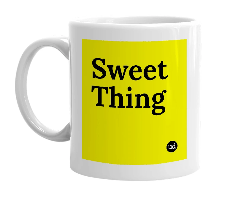 White mug with 'Sweet Thing' in bold black letters