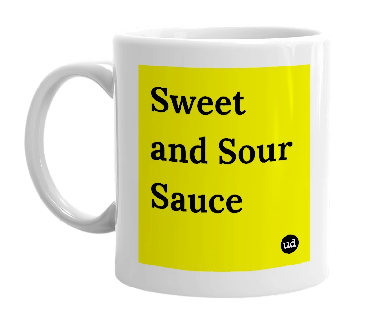 White mug with 'Sweet and Sour Sauce' in bold black letters