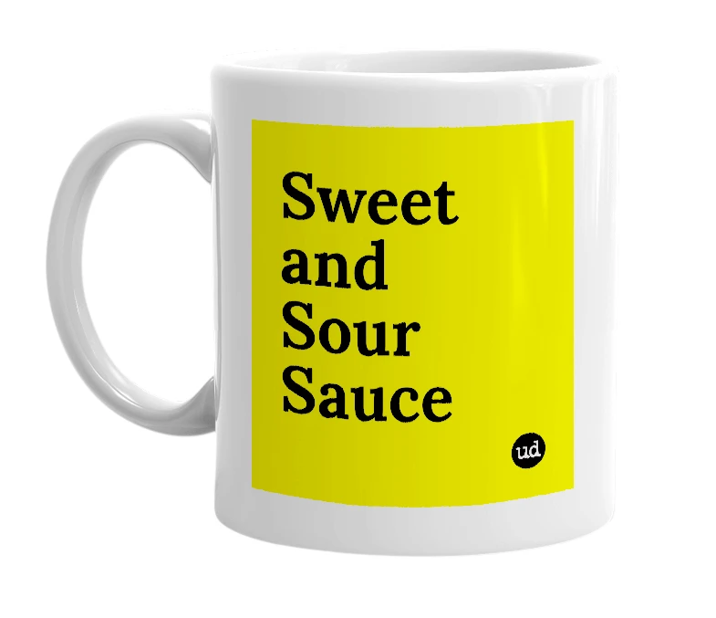 White mug with 'Sweet and Sour Sauce' in bold black letters