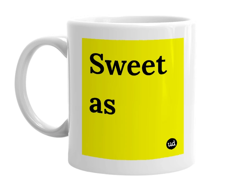 White mug with 'Sweet as' in bold black letters
