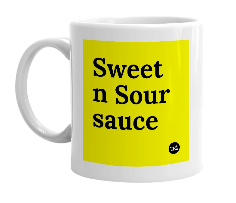 White mug with 'Sweet n Sour sauce' in bold black letters