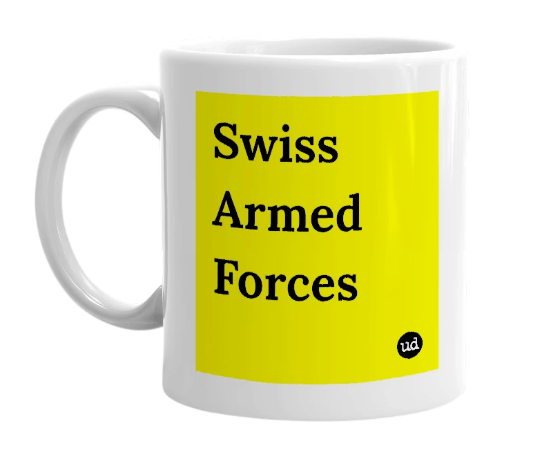 White mug with 'Swiss Armed Forces' in bold black letters