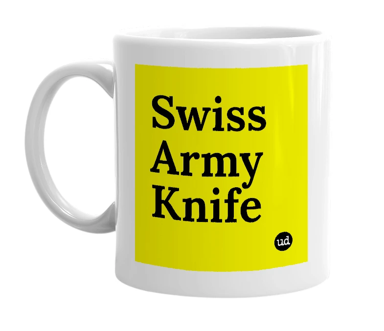 White mug with 'Swiss Army Knife' in bold black letters