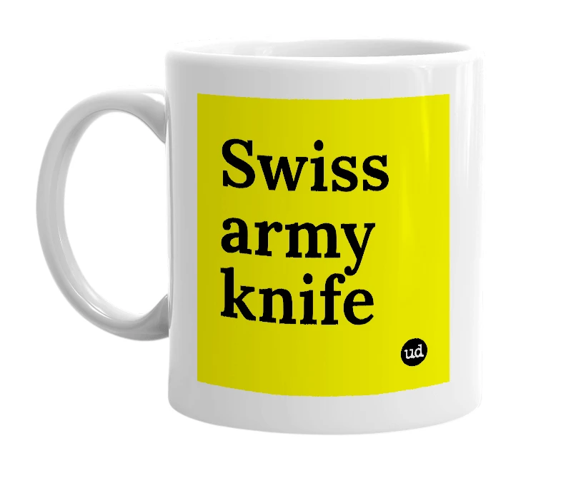 White mug with 'Swiss army knife' in bold black letters