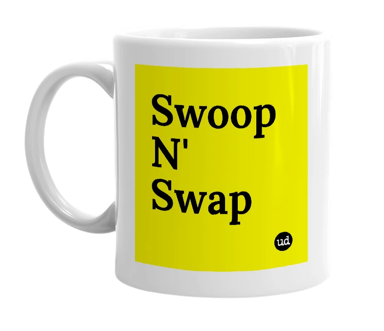 White mug with 'Swoop N' Swap' in bold black letters