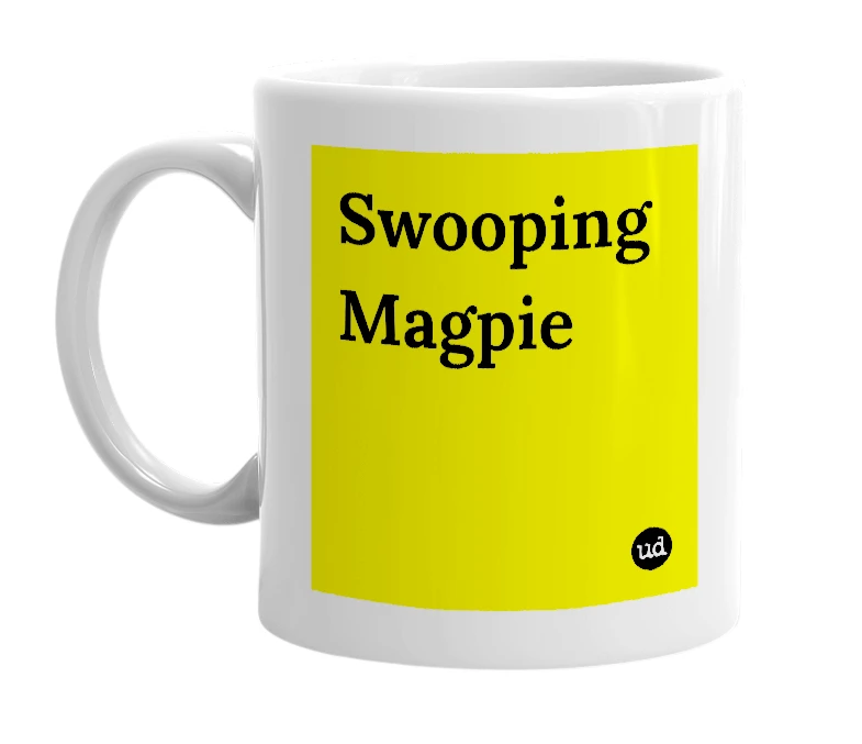 White mug with 'Swooping Magpie' in bold black letters
