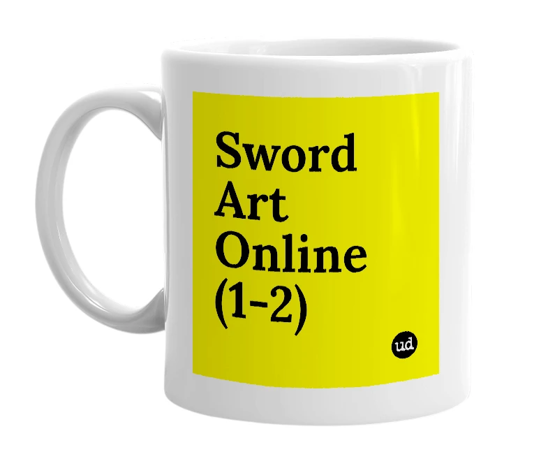 White mug with 'Sword Art Online (1-2)' in bold black letters