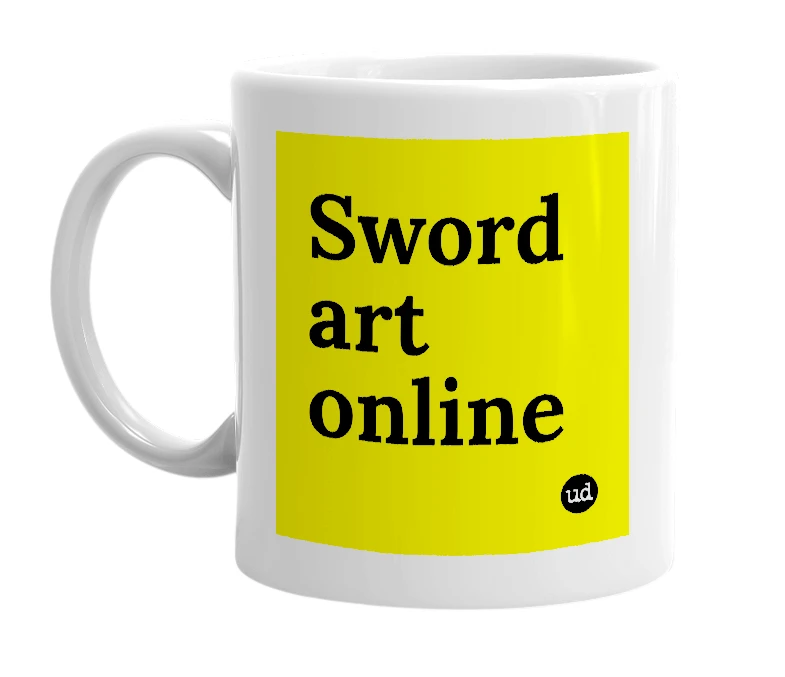 White mug with 'Sword art online' in bold black letters