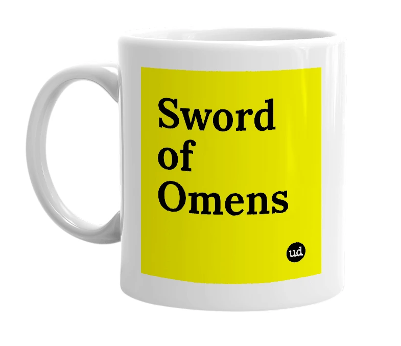 White mug with 'Sword of Omens' in bold black letters