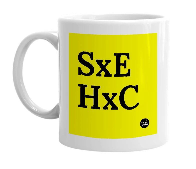 White mug with 'SxE HxC' in bold black letters