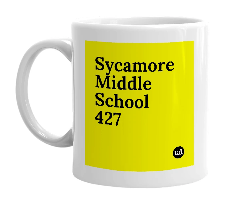 White mug with 'Sycamore Middle School 427' in bold black letters