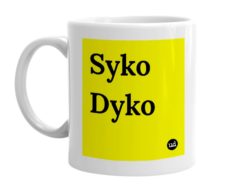 White mug with 'Syko Dyko' in bold black letters