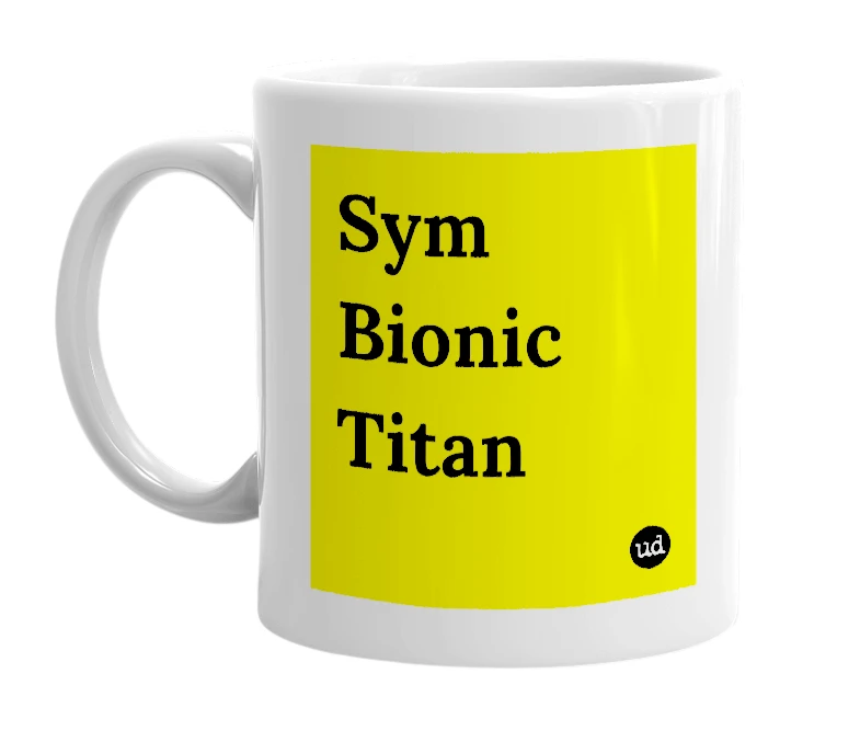 White mug with 'Sym Bionic Titan' in bold black letters