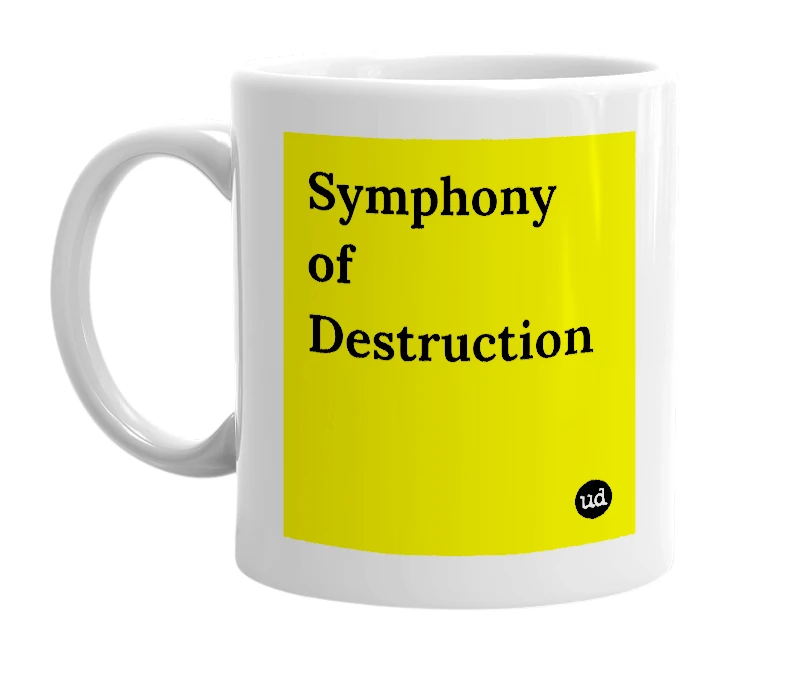 White mug with 'Symphony of Destruction' in bold black letters