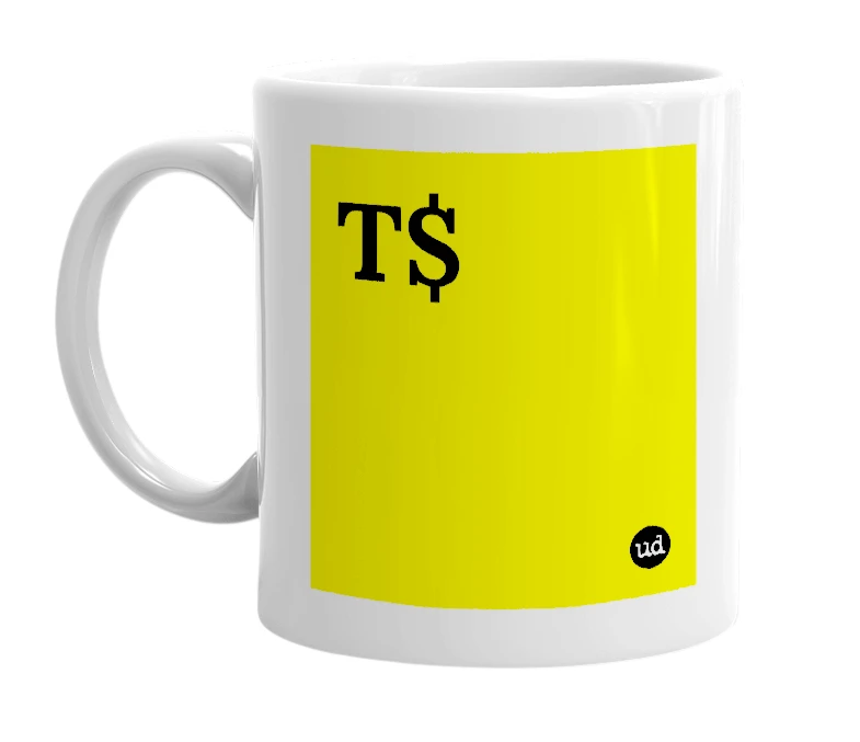 White mug with 'T$' in bold black letters