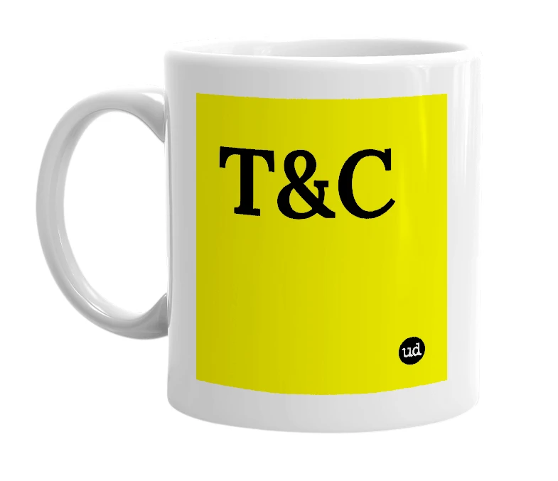 White mug with 'T&C' in bold black letters