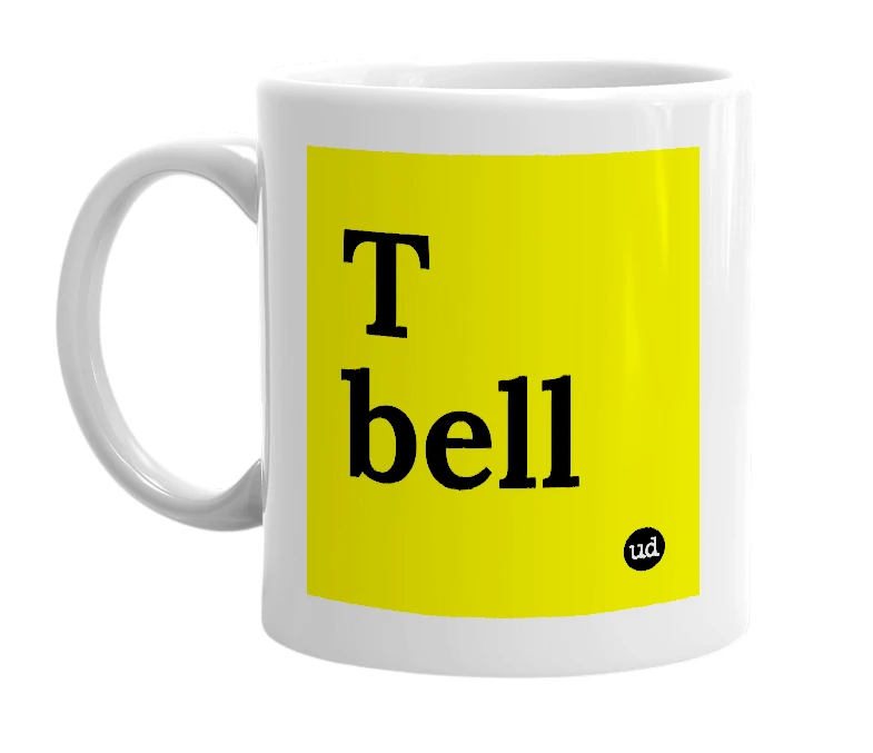 White mug with 'T bell' in bold black letters