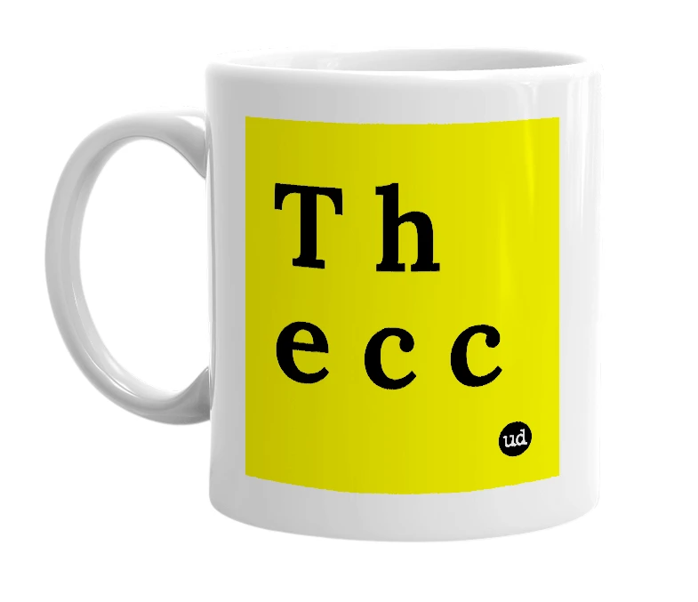 White mug with 'T h e c c' in bold black letters