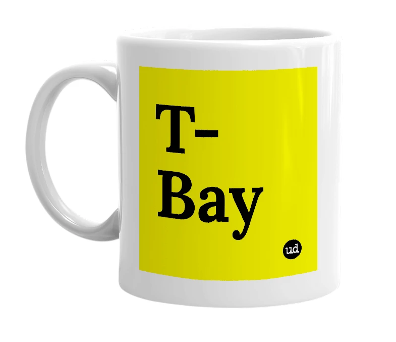 White mug with 'T-Bay' in bold black letters