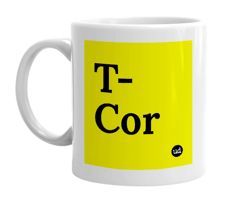 White mug with 'T-Cor' in bold black letters
