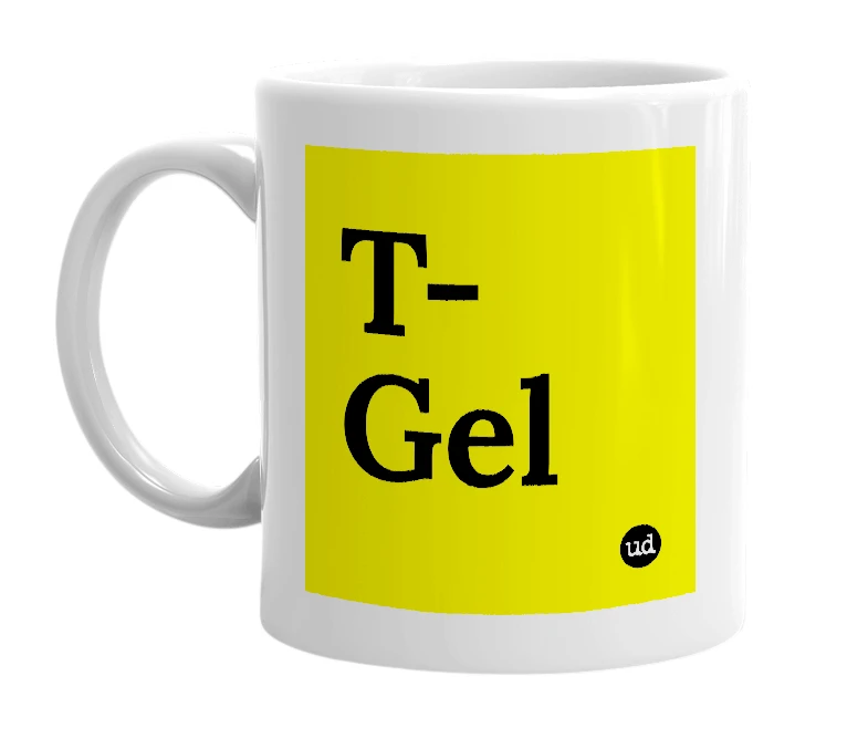 White mug with 'T-Gel' in bold black letters