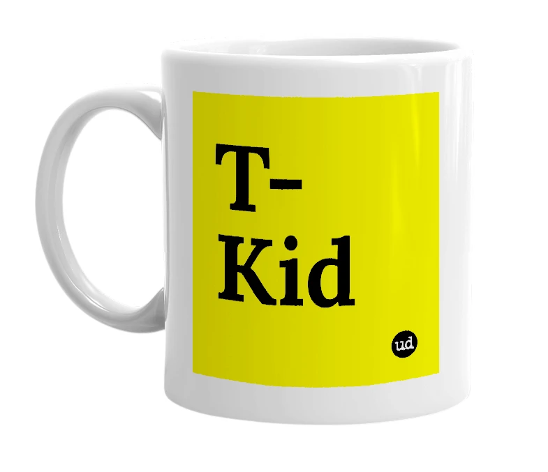 White mug with 'T-Kid' in bold black letters